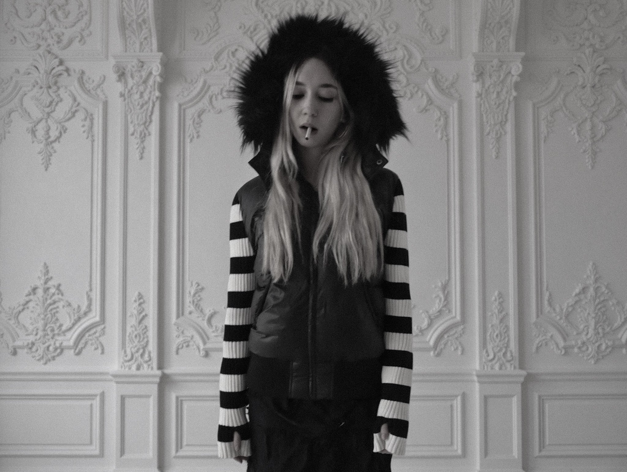 Stripped knit fur coat