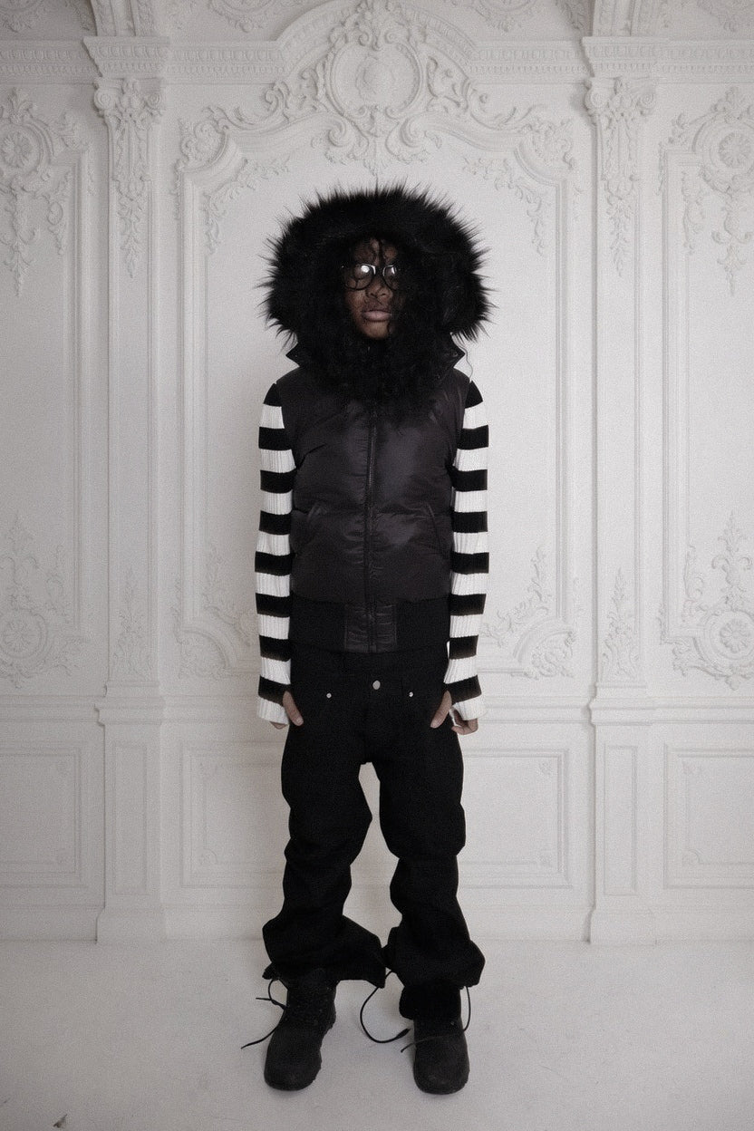Stripped knit fur coat