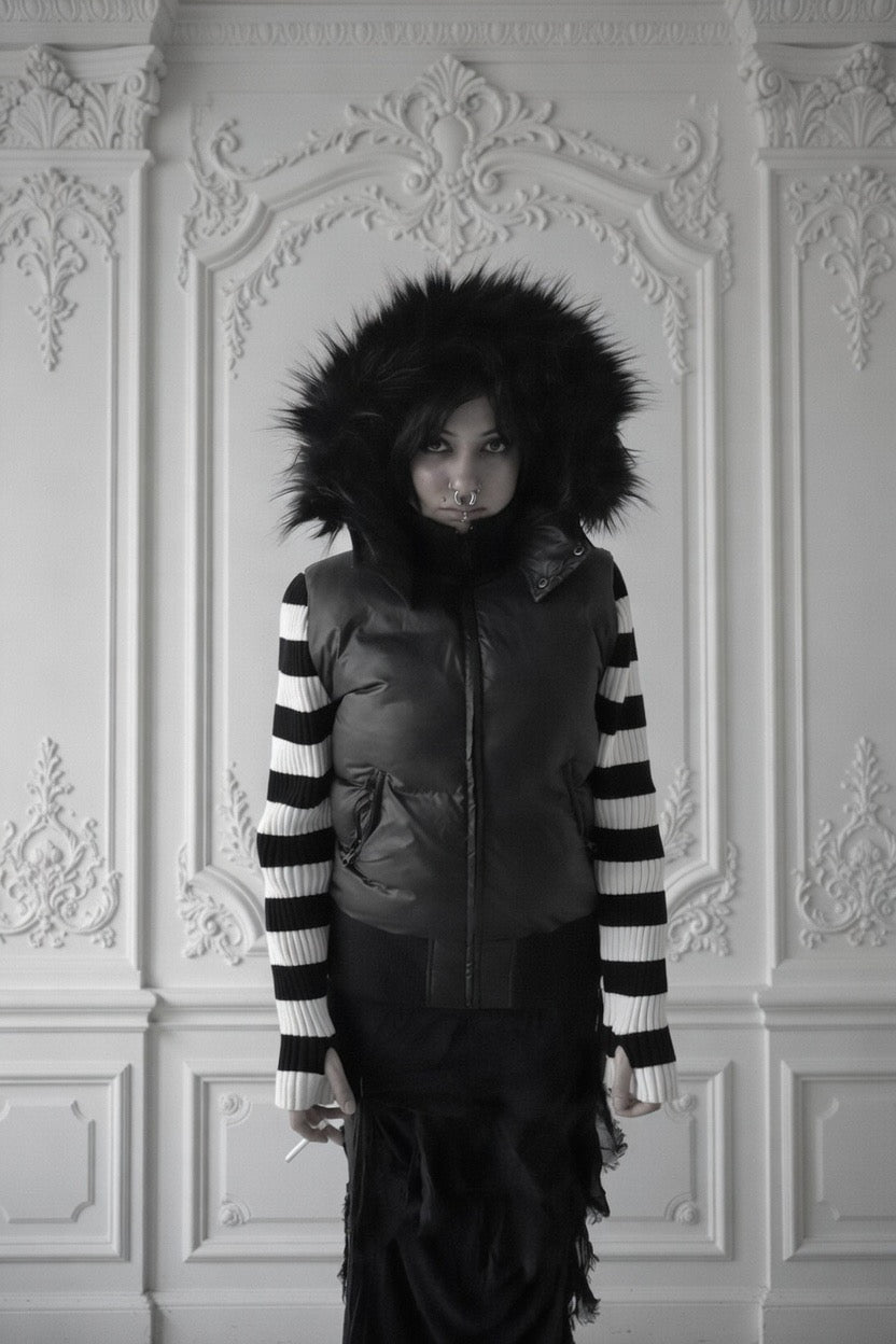 Stripped knit fur coat